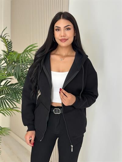 Kapşonlu İçi Şardonlu Basıc Sweat Siyah