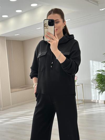 Kapşonlu Paraşüt Detaylı Paçası Çıtçıtlı Takım Siyah