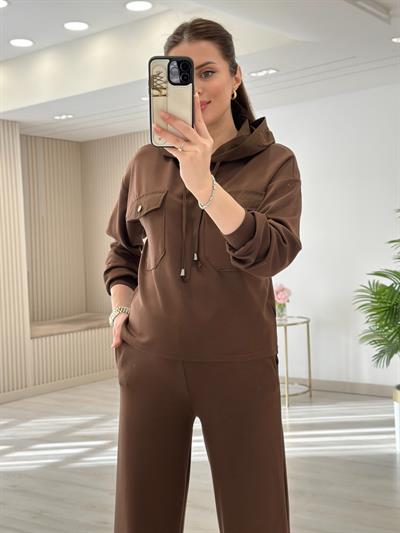 Kapşonlu Paraşüt Detaylı Paçası Çıtçıtlı Takım Kahve