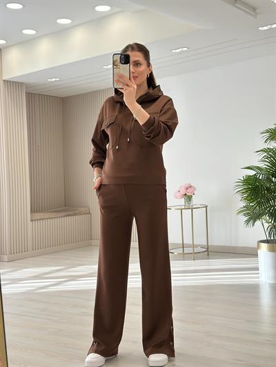 Kapşonlu Paraşüt Detaylı Paçası Çıtçıtlı Takım Kahve