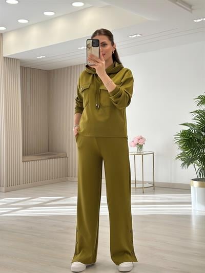 Kapşonlu Paraşüt Detaylı Paçası Çıtçıtlı Takım Yağ Yeşili