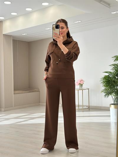 Kapşonlu Paraşüt Detaylı Paçası Çıtçıtlı Takım Kahve