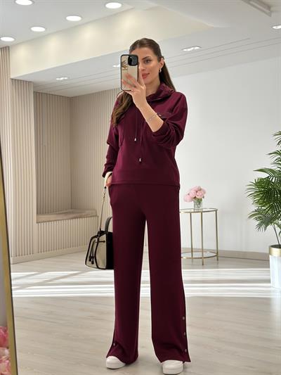 Kapşonlu Paraşüt Detaylı Paçası Çıtçıtlı Takım Mürdüm