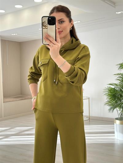 Kapşonlu Paraşüt Detaylı Paçası Çıtçıtlı Takım Yağ Yeşili