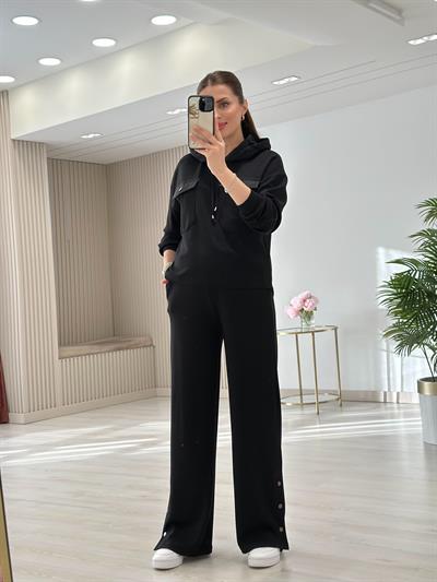 Kapşonlu Paraşüt Detaylı Paçası Çıtçıtlı Takım Siyah