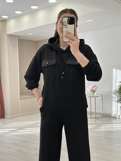 Kapşonlu Paraşüt Detaylı Paçası Çıtçıtlı Takım Siyah