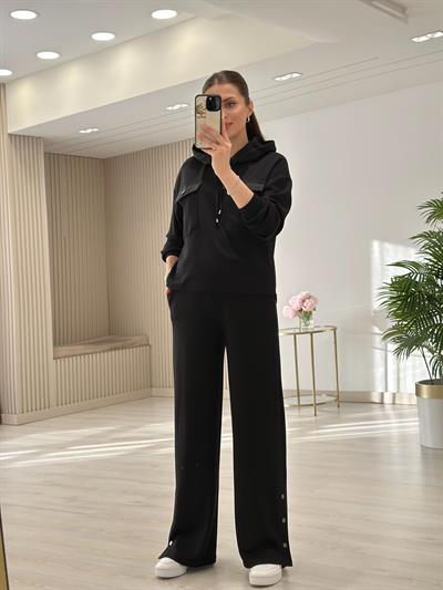 Kapşonlu Paraşüt Detaylı Paçası Çıtçıtlı Takım Siyah