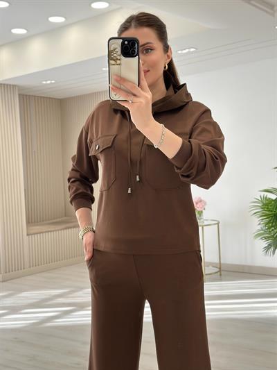 Kapşonlu Paraşüt Detaylı Paçası Çıtçıtlı Takım Kahve