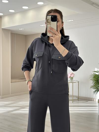 Kapşonlu Paraşüt Detaylı Paçası Çıtçıtlı Takım Antrasit