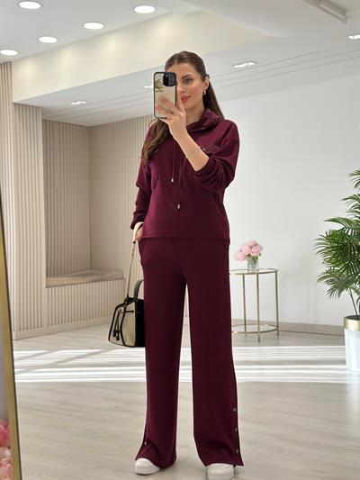 Kapşonlu Paraşüt Detaylı Paçası Çıtçıtlı Takım Mürdüm