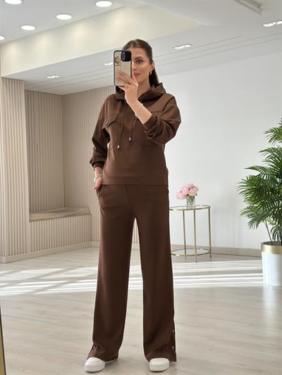 Kapşonlu Paraşüt Detaylı Paçası Çıtçıtlı Takım Kahve