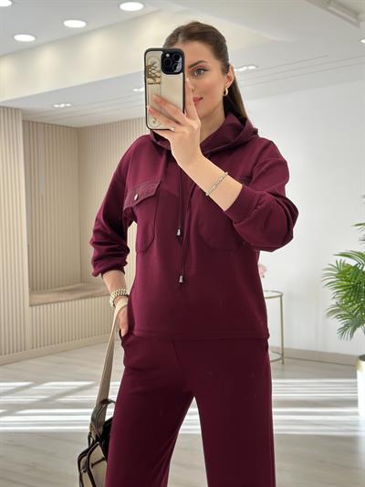 Kapşonlu Paraşüt Detaylı Paçası Çıtçıtlı Takım Mürdüm