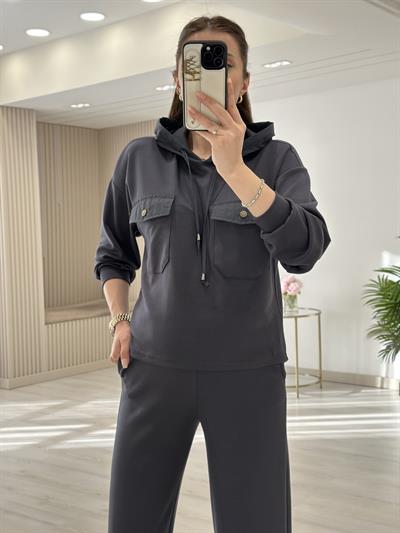 Kapşonlu Paraşüt Detaylı Paçası Çıtçıtlı Takım Antrasit