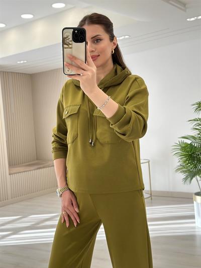 Kapşonlu Paraşüt Detaylı Paçası Çıtçıtlı Takım Yağ Yeşili