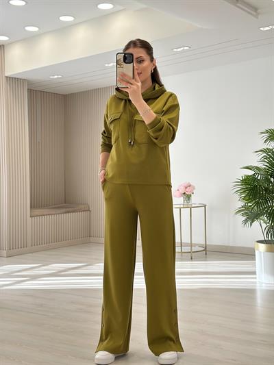 Kapşonlu Paraşüt Detaylı Paçası Çıtçıtlı Takım Yağ Yeşili