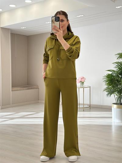 Kapşonlu Paraşüt Detaylı Paçası Çıtçıtlı Takım Yağ Yeşili