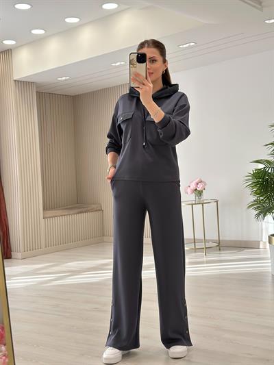 Kapşonlu Paraşüt Detaylı Paçası Çıtçıtlı Takım Antrasit