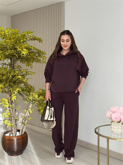 Kapşonlu Taş Detaylı Saten Biyeli Premium Modal Takım Mürdüm