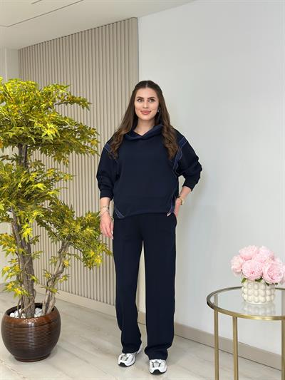Kapşonlu Taş Detaylı Saten Biyeli Premium Modal Takım Lacivert 