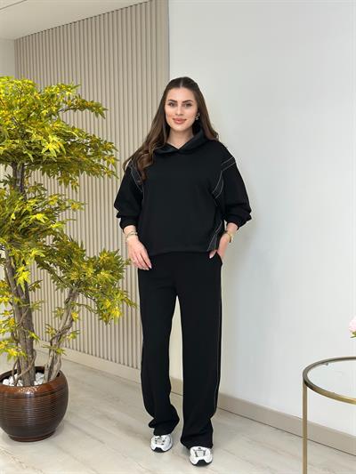 Kapşonlu Taş Detaylı Saten Biyeli Premium Modal Takım Siyah