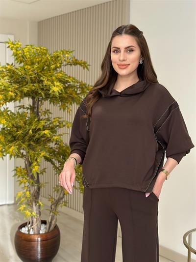 Kapşonlu Taş Detaylı Saten Biyeli Premium Modal Takım Kahve