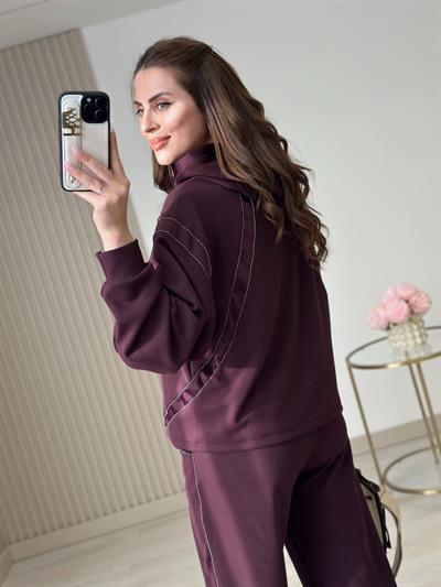 Kapşonlu Taş Detaylı Saten Biyeli Premium Modal Takım Mürdüm