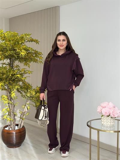 Kapşonlu Taş Detaylı Saten Biyeli Premium Modal Takım Mürdüm