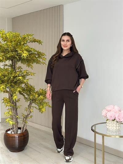 Kapşonlu Taş Detaylı Saten Biyeli Premium Modal Takım Kahve