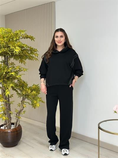 Kapşonlu Taş Detaylı Saten Biyeli Premium Modal Takım Siyah