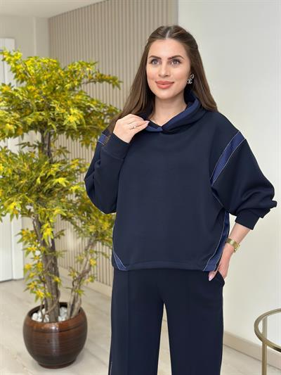 Kapşonlu Taş Detaylı Saten Biyeli Premium Modal Takım Lacivert 