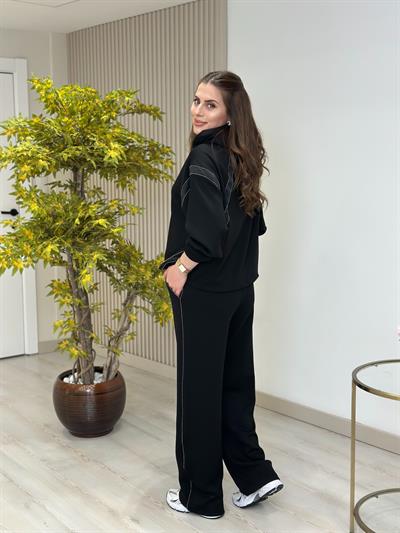 Kapşonlu Taş Detaylı Saten Biyeli Premium Modal Takım Siyah