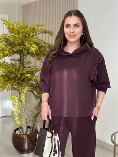 Kapşonlu Taş Detaylı Saten Biyeli Premium Modal Takım Mürdüm