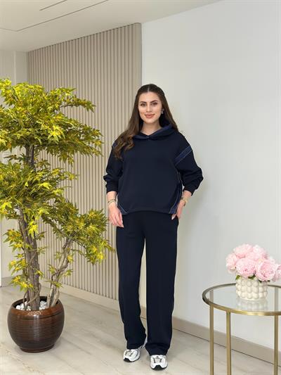 Kapşonlu Taş Detaylı Saten Biyeli Premium Modal Takım Lacivert 