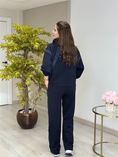 Kapşonlu Taş Detaylı Saten Biyeli Premium Modal Takım Lacivert 