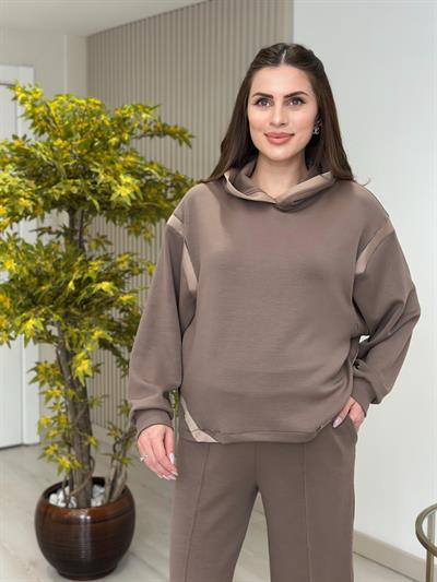 Kapşonlu Taş Detaylı Saten Biyeli Premium Modal Takım Vizon