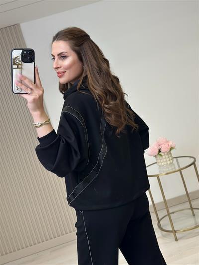 Kapşonlu Taş Detaylı Saten Biyeli Premium Modal Takım Siyah