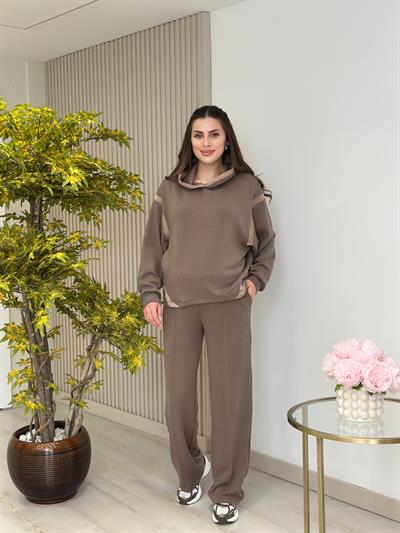 Kapşonlu Taş Detaylı Saten Biyeli Premium Modal Takım Vizon