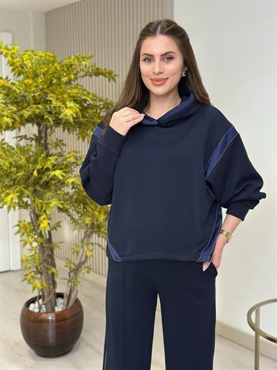 Kapşonlu Taş Detaylı Saten Biyeli Premium Modal Takım Lacivert 
