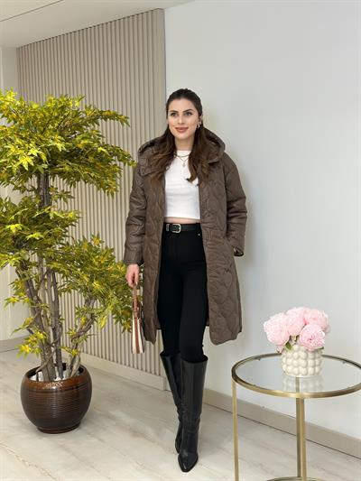 Kapşonlu Uzun Mont Kahve