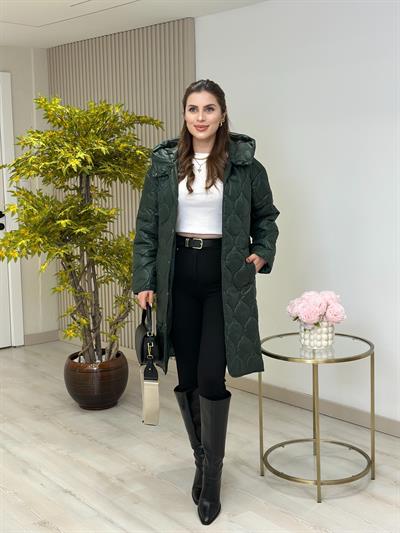 Kapşonlu Uzun Mont Zümrüt Yeşil