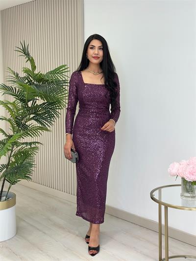 Kare Yaka Payetli Astarlı Kalem Elbise Mor