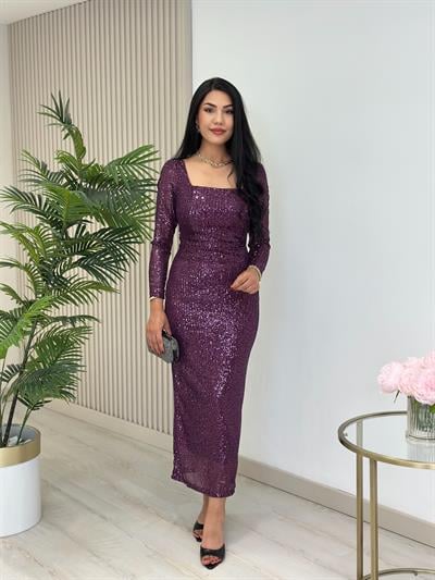 Kare Yaka Payetli Astarlı Kalem Elbise Mor