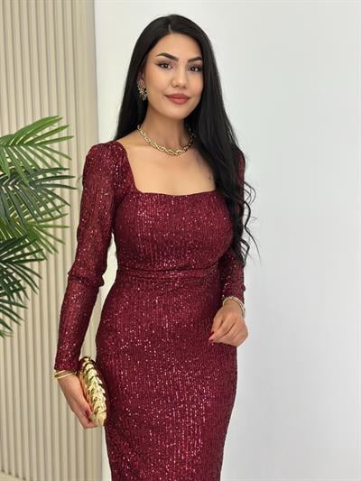 Kare Yaka Payetli Astarlı Kalem Elbise Bordo
