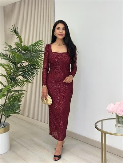 Kare Yaka Payetli Astarlı Kalem Elbise Bordo