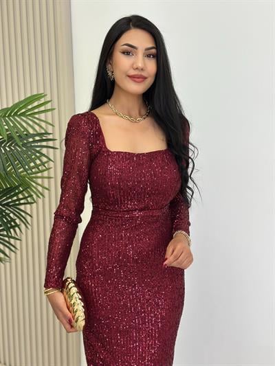 Kare Yaka Payetli Astarlı Kalem Elbise Bordo