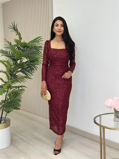 Kare Yaka Payetli Astarlı Kalem Elbise Bordo