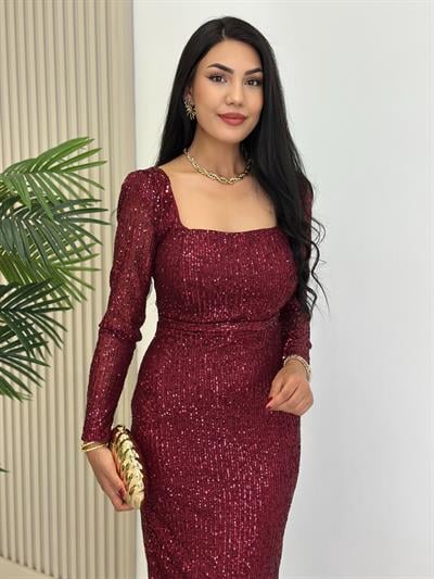 Kare Yaka Payetli Astarlı Kalem Elbise Bordo