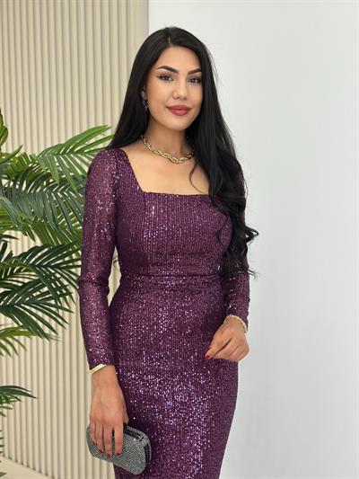 Kare Yaka Payetli Astarlı Kalem Elbise Mor