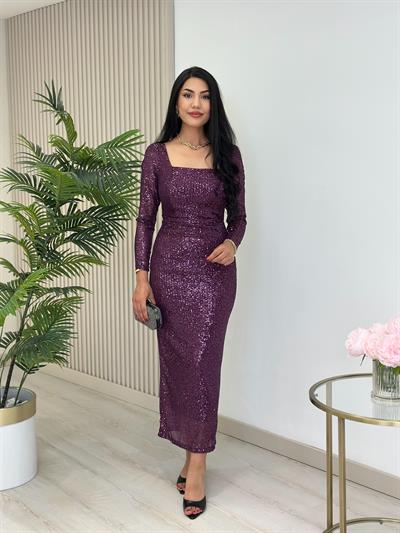 Kare Yaka Payetli Astarlı Kalem Elbise Mor