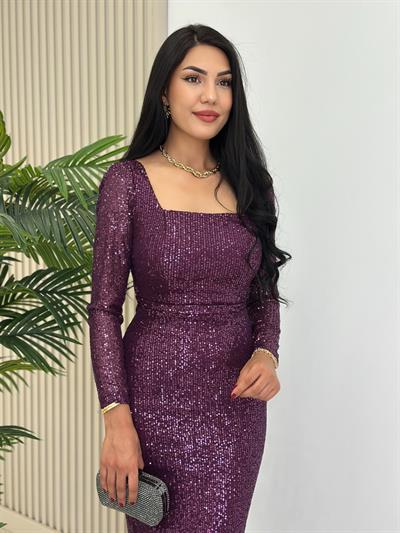 Kare Yaka Payetli Astarlı Kalem Elbise Mor